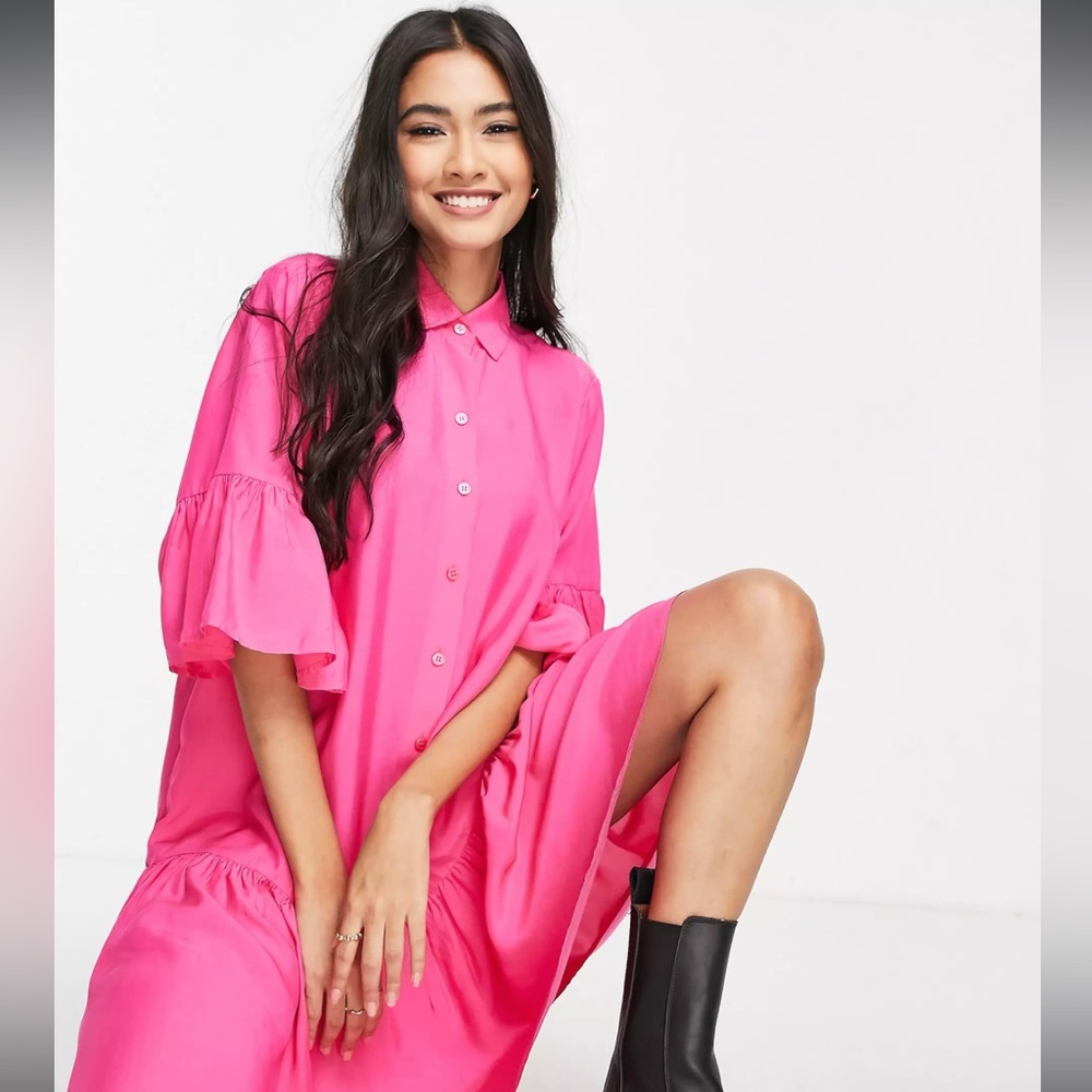 &Other Stories pink midi smock shirt dress